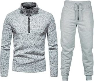 Men's Casual Two-Pieces Suits Zipper Placket Stand Collar Coats Solid Color Jackets + Pants Sets Sportswears (Color: LIGHT GRAY-L)
