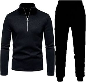 Men's Casual Two-Pieces Suits Zipper Placket Stand Collar Coats Solid Color Jackets + Pants Sets Sportswears (Color: BLACK-XXL)
