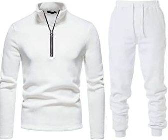 Men's Casual Two-Pieces Suits Zipper Placket Stand Collar Coats Solid Color Jackets + Pants Sets Sportswears (Color: WHITE-L)
